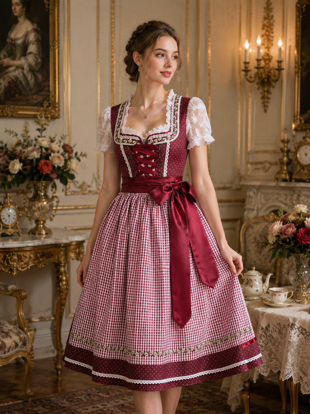 Rosalie Elegant Bavarian Princess Dirndl with Burgundy Satin Bow
