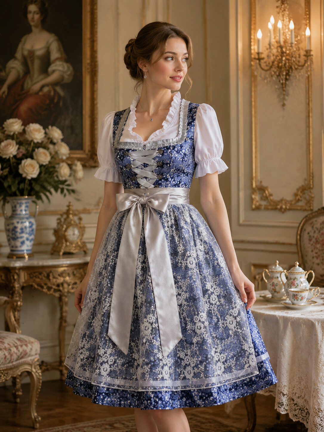 Rosalie Elegant Bavarian Princess Dirndl with Silver Satin Apron