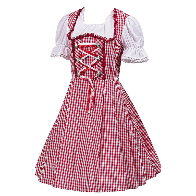 Rosalie Elegant Red Gingham Bavarian Princess Dirndl with Satin Apron – Oktoberfest Costume
