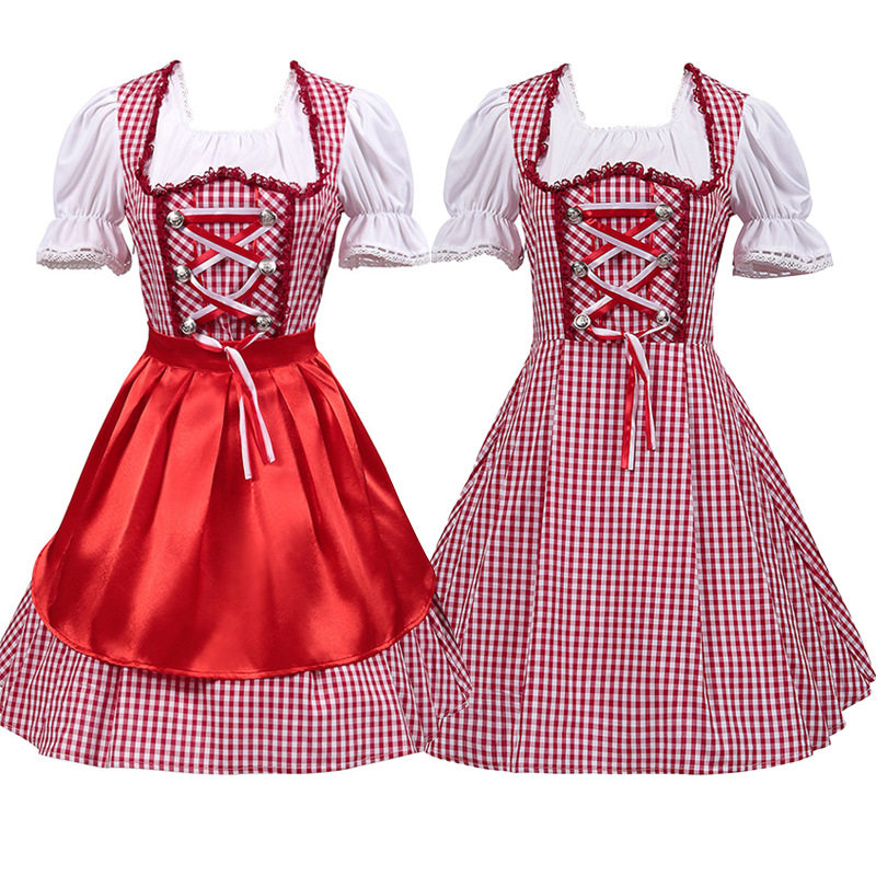 Rosalie Elegant Red Gingham Bavarian Princess Dirndl with Satin Apron – Oktoberfest Costume
