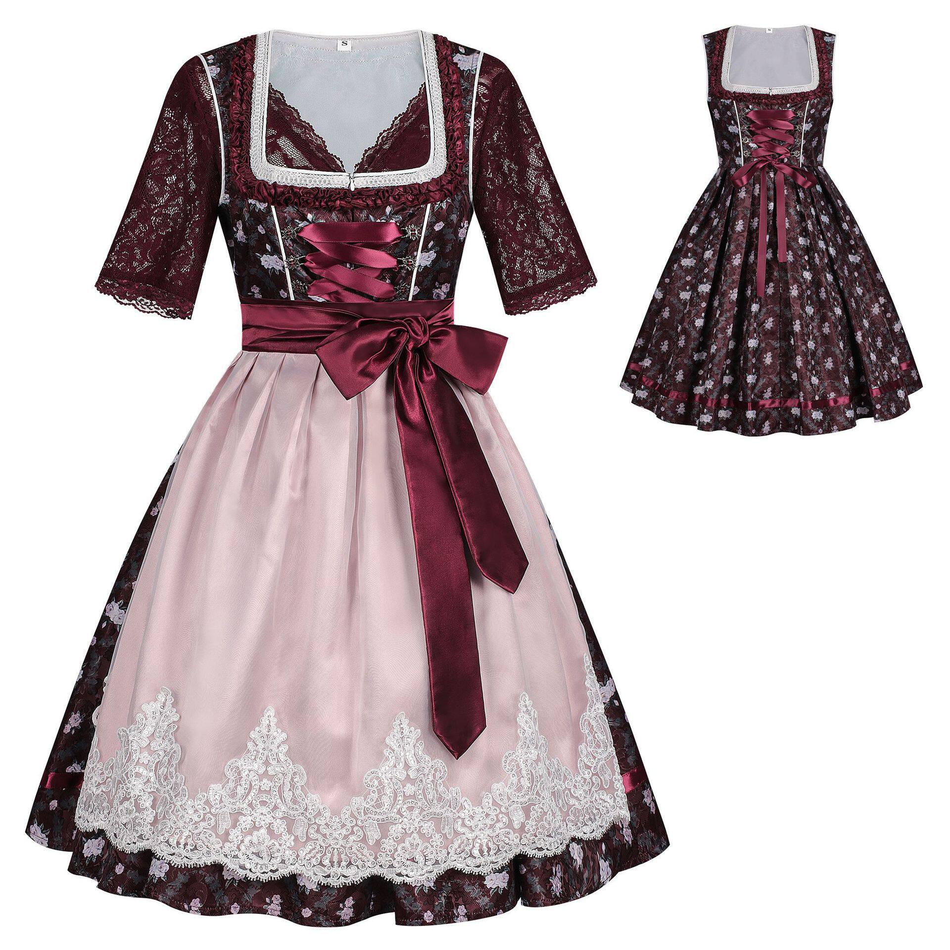 Rosalie Elegant Claret Princess Dirndl with Lace Apron