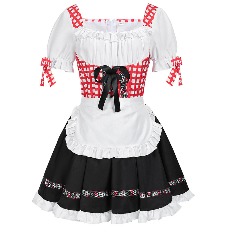 Flattering Corset Bavarian Dirndl Dress | Red Plaid German Oktoberfest Maid Costume Skirt Set for Women