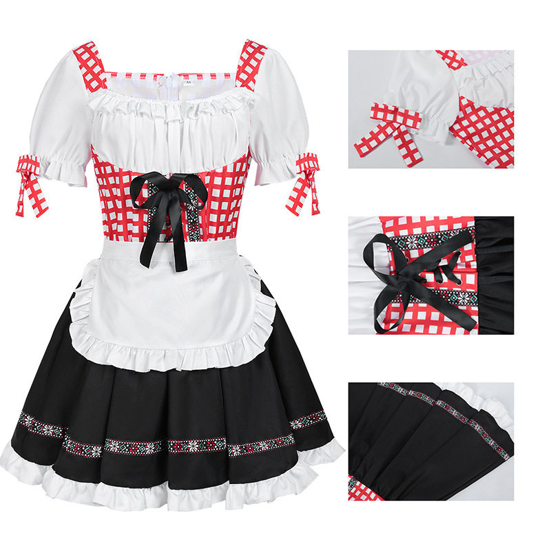 Flattering Corset Bavarian Dirndl Dress | Red Plaid German Oktoberfest Maid Costume Skirt Set for Women