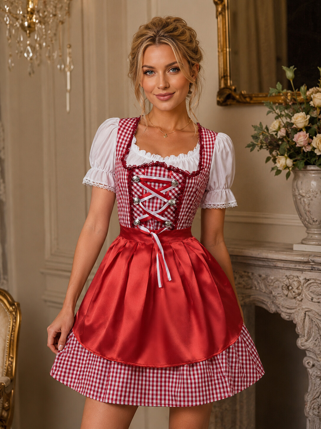 Rosalie Elegant Red Gingham Bavarian Princess Dirndl with Satin Apron – Oktoberfest Costume