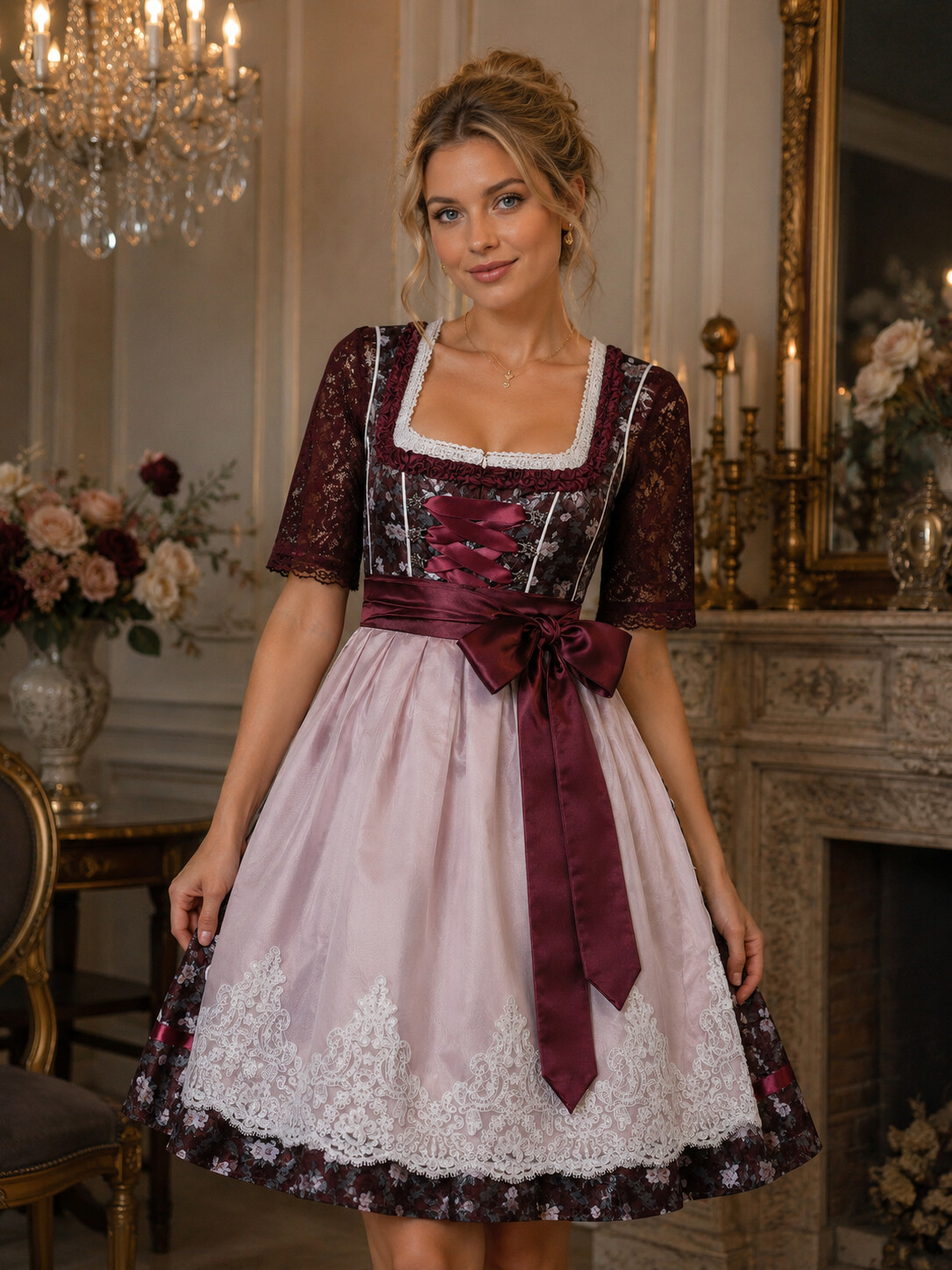 Rosalie Elegant Claret Princess Dirndl with Lace Apron