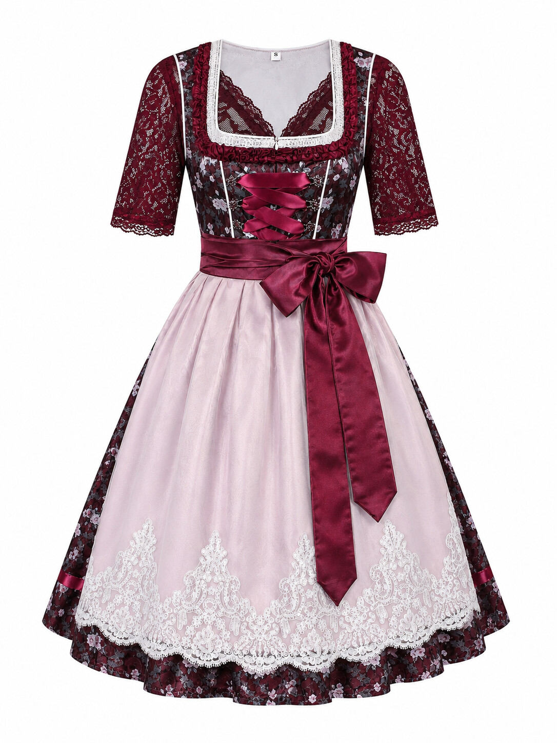 Rosalie Elegant Claret Princess Dirndl with Lace Apron