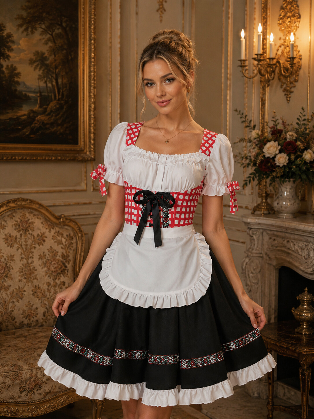 Flattering Corset Bavarian Dirndl Dress | Red Plaid German Oktoberfest Maid Costume Skirt Set for Women