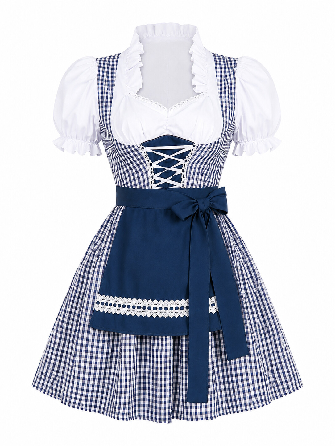 Elegant Blue Plaid Dirndl Dress - Traditional Bavarian Beer Maid Costume for Oktoberfest & Stage Wear