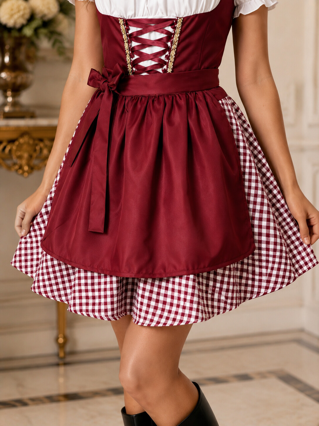 German Oktoberfest Costume for Women – Traditional Beer Garden Girl Maid Outfit, Munich Carnival Pastoral Farm Dress, Wine Red 2-Piece Dirndl