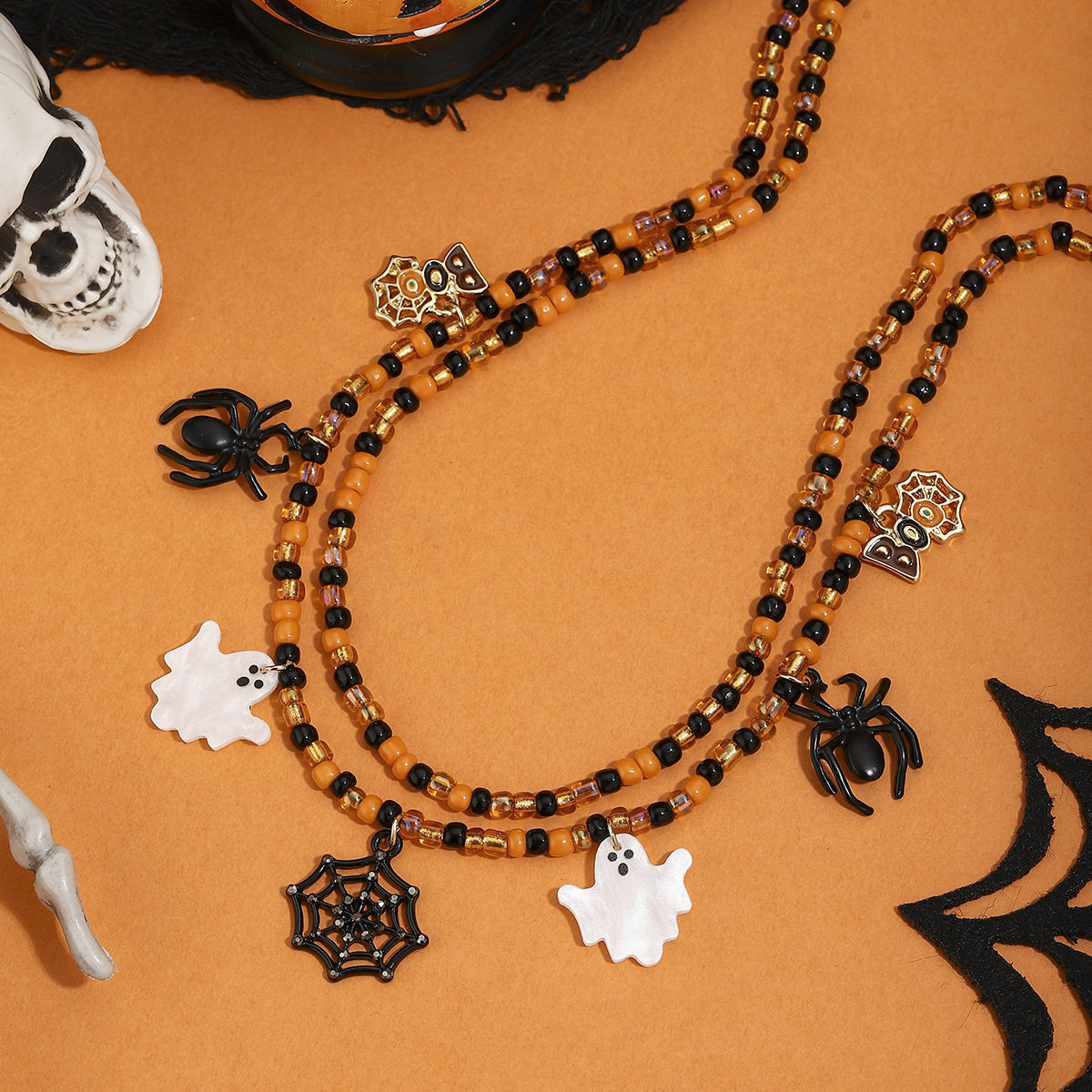 Halloween Funny Ghost Spider Cartoon Pendant Double Layer Necklace