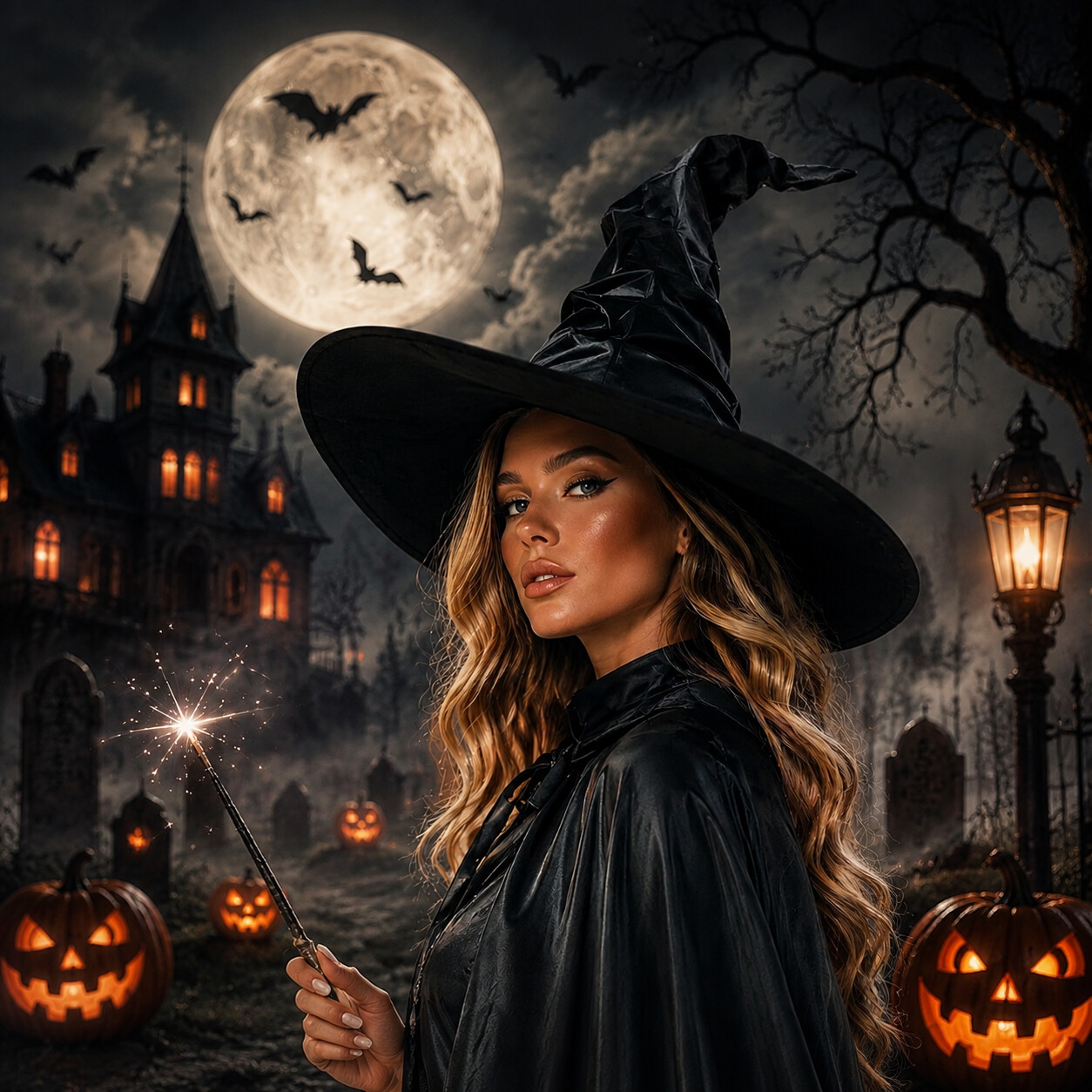 Women's Halloween Gothic Black Wide Brim Pointed Wizard Hat