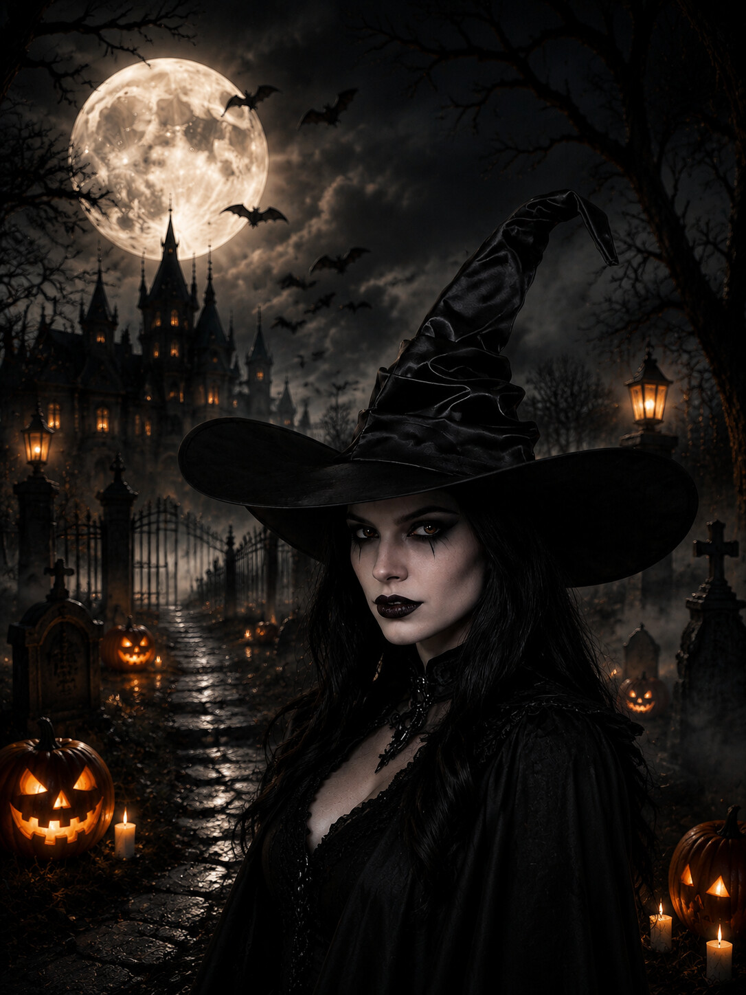 Women's Halloween Gothic Black Wide Brim Pointed Wizard Hat