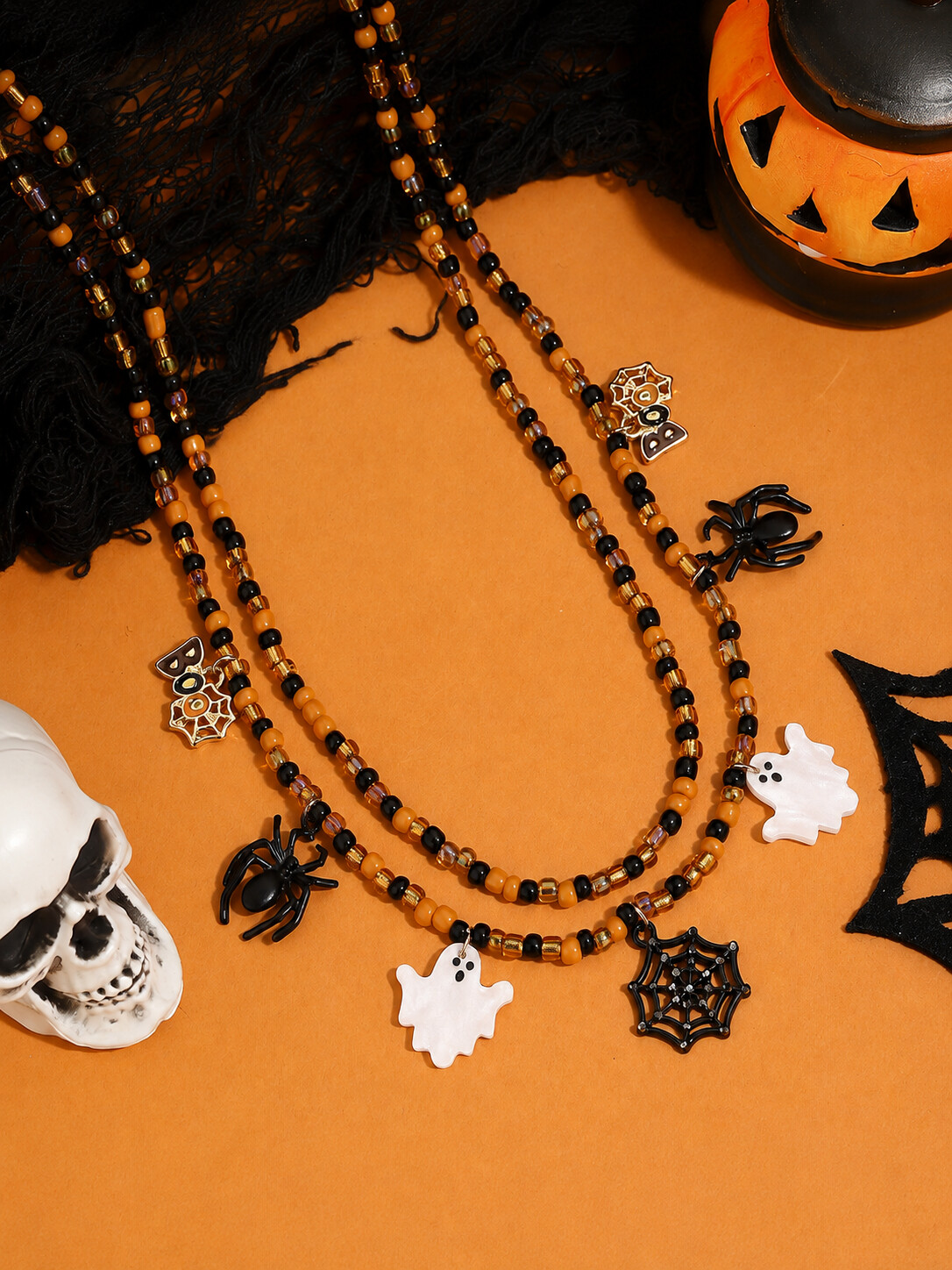 Halloween Funny Ghost Spider Cartoon Pendant Double Layer Necklace