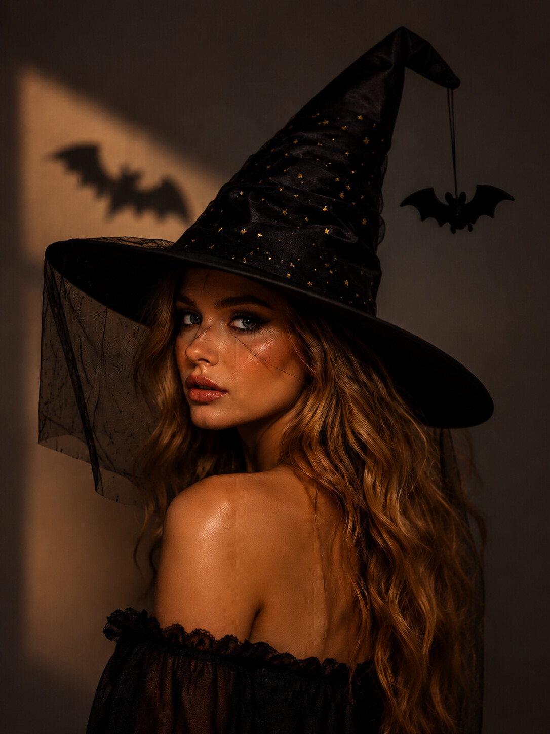 [Copy]Midnight Star Witch Hat with Veiled Mesh & Spider Charm