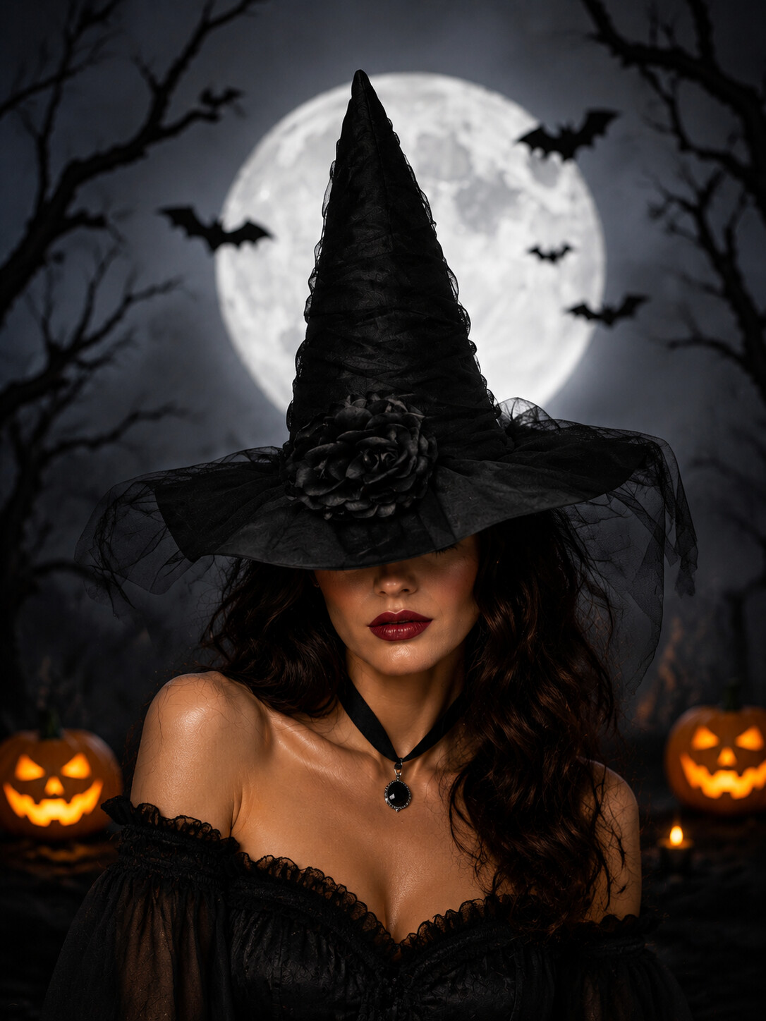 Midnight Star Witch Hat with Veiled Mesh & Spider Charm