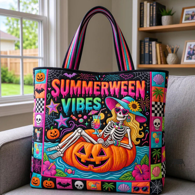 Hallow-Queen Quilted Tote Bag with Black Witch Cat & Pumpkins