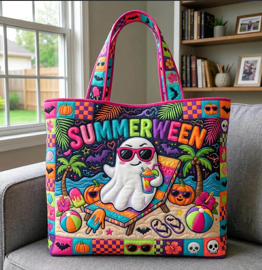 Hallow-Queen Quilted Tote Bag with Black Witch Cat & Pumpkins