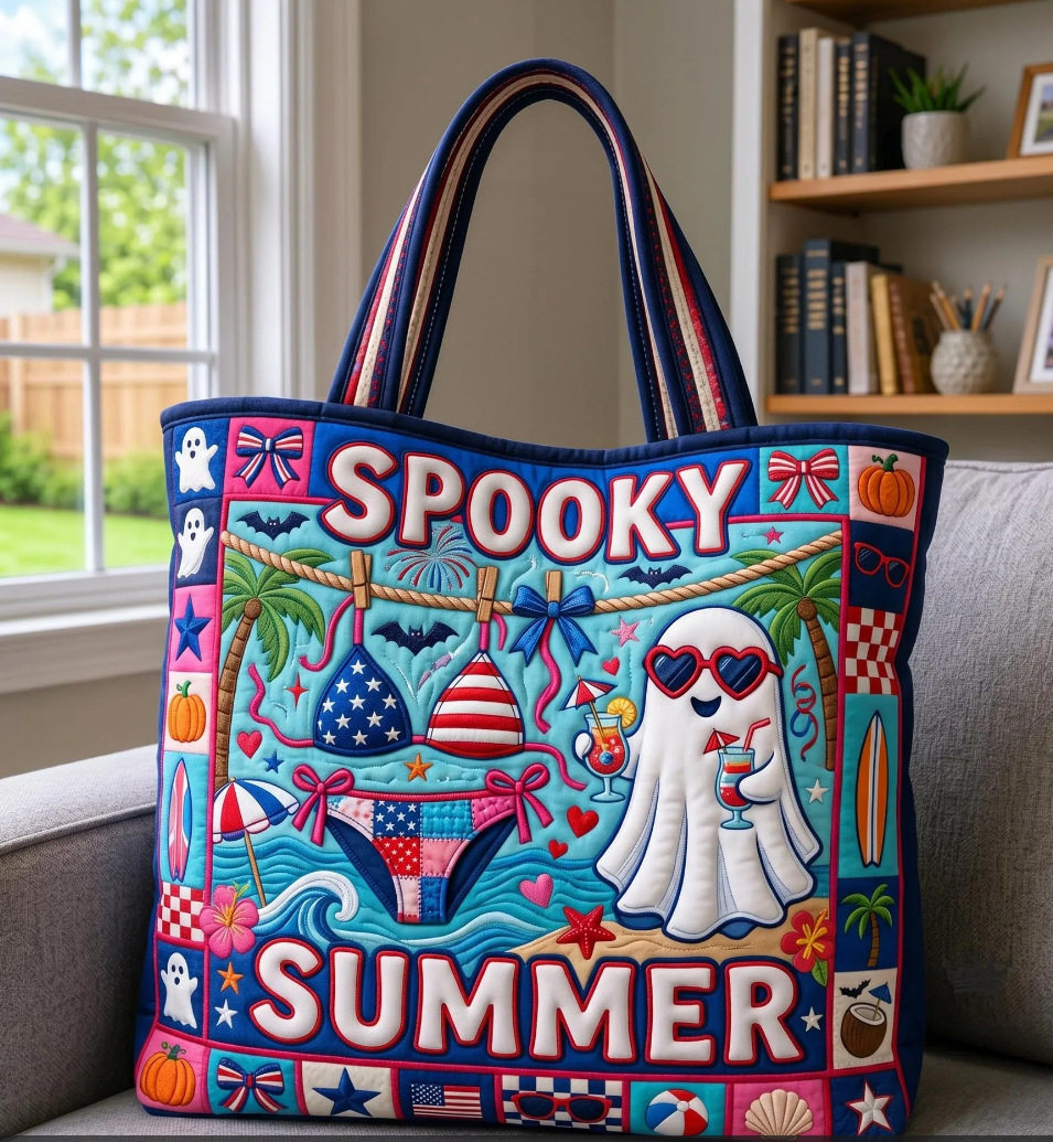 Hallow-Queen Quilted Tote Bag with Black Witch Cat & Pumpkins