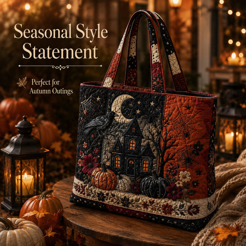 Hallow-Queen Quilted Tote Bag with Black Witch Cat & Pumpkins