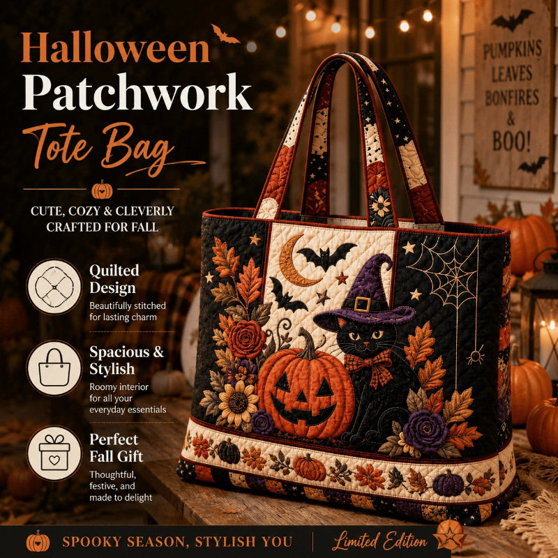 Hallow-Queen Quilted Tote Bag with Black Witch Cat & Pumpkins