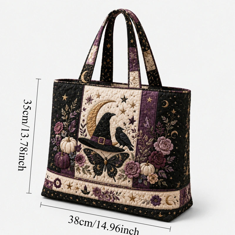 Hallow-Queen Quilted Tote Bag with Black Witch Cat & Pumpkins