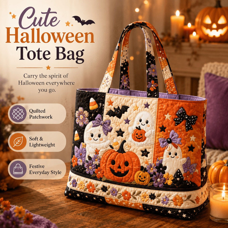 Hallow-Queen Quilted Tote Bag with Black Witch Cat & Pumpkins