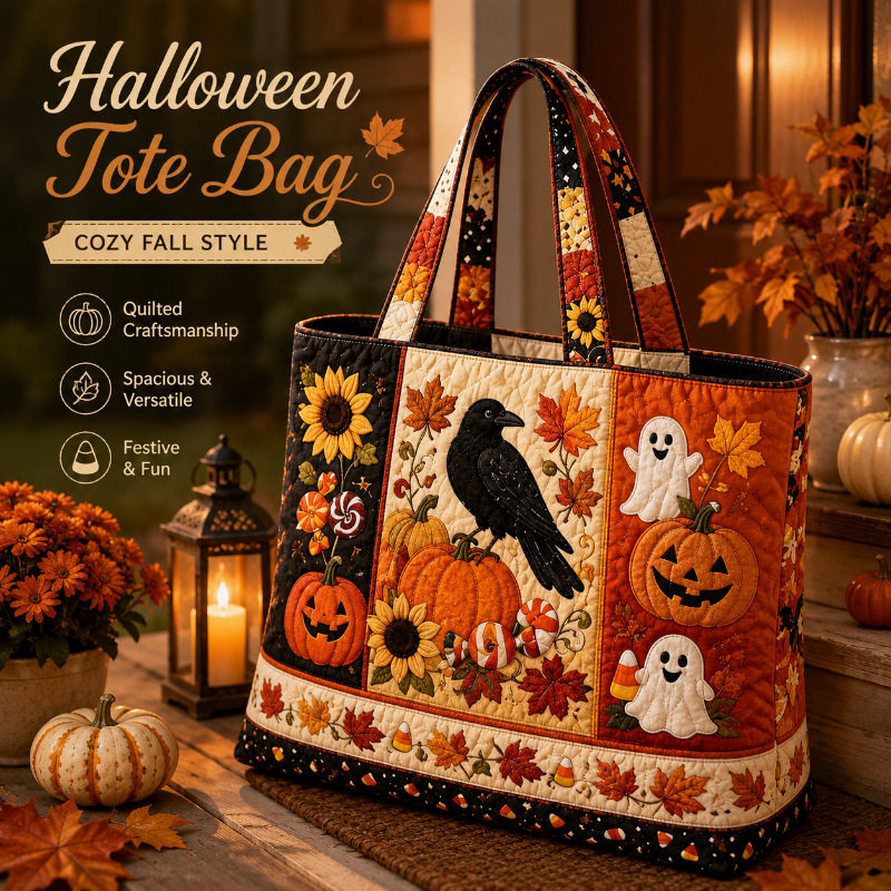 Hallow-Queen Quilted Tote Bag with Black Witch Cat & Pumpkins