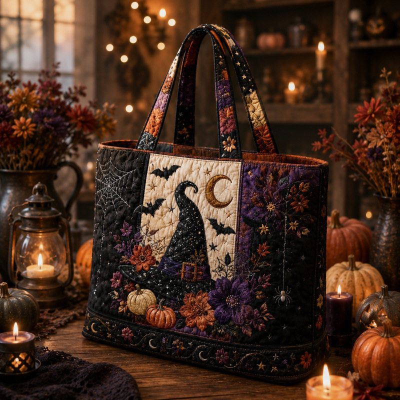 Hallow-Queen Quilted Tote Bag with Black Witch Cat & Pumpkins