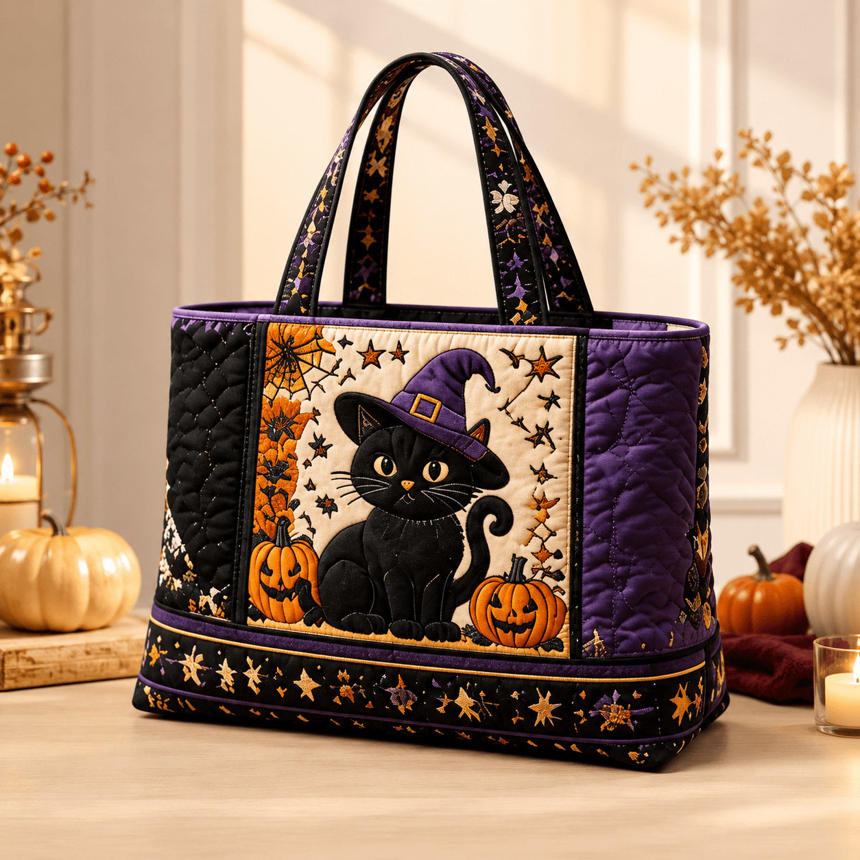 Hallow-Queen Quilted Tote Bag with Black Witch Cat & Pumpkins