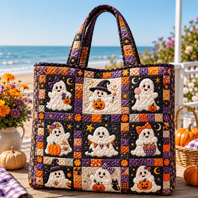 Hallow-Queen Quilted Tote Bag with Black Witch Cat & Pumpkins