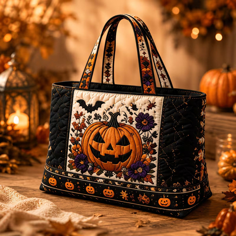 Hallow-Queen Quilted Tote Bag with Black Witch Cat & Pumpkins