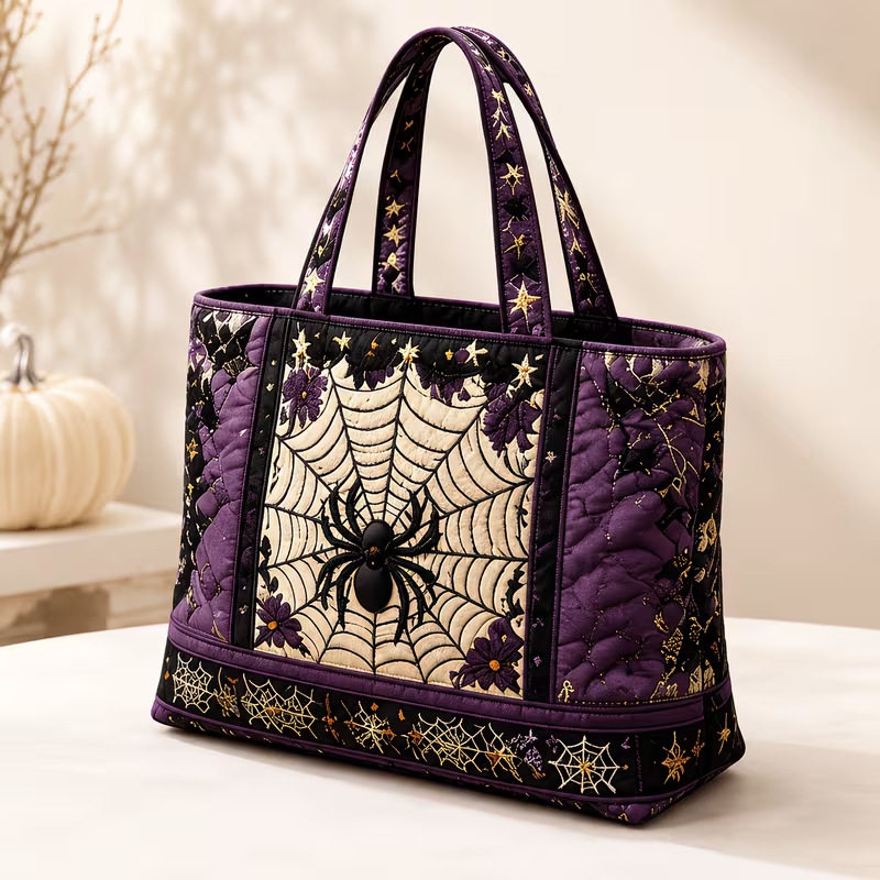 Hallow-Queen Quilted Tote Bag with Black Witch Cat & Pumpkins