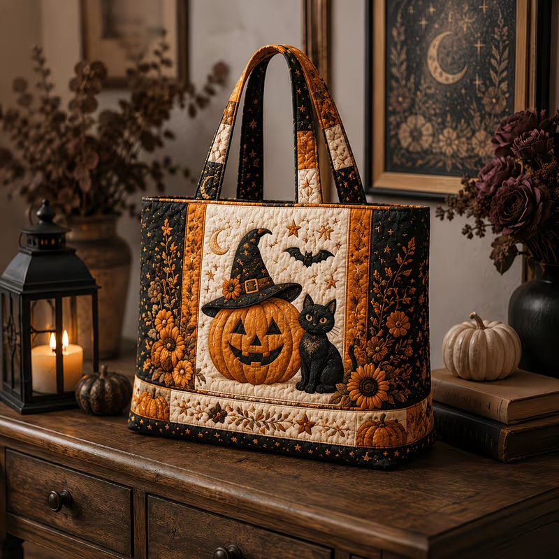 Hallow-Queen Quilted Tote Bag with Black Witch Cat & Pumpkins