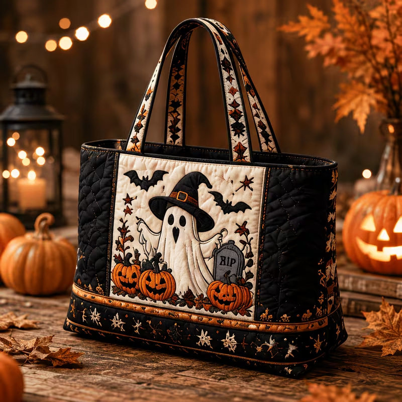 Hallow-Queen Quilted Tote Bag with Black Witch Cat & Pumpkins