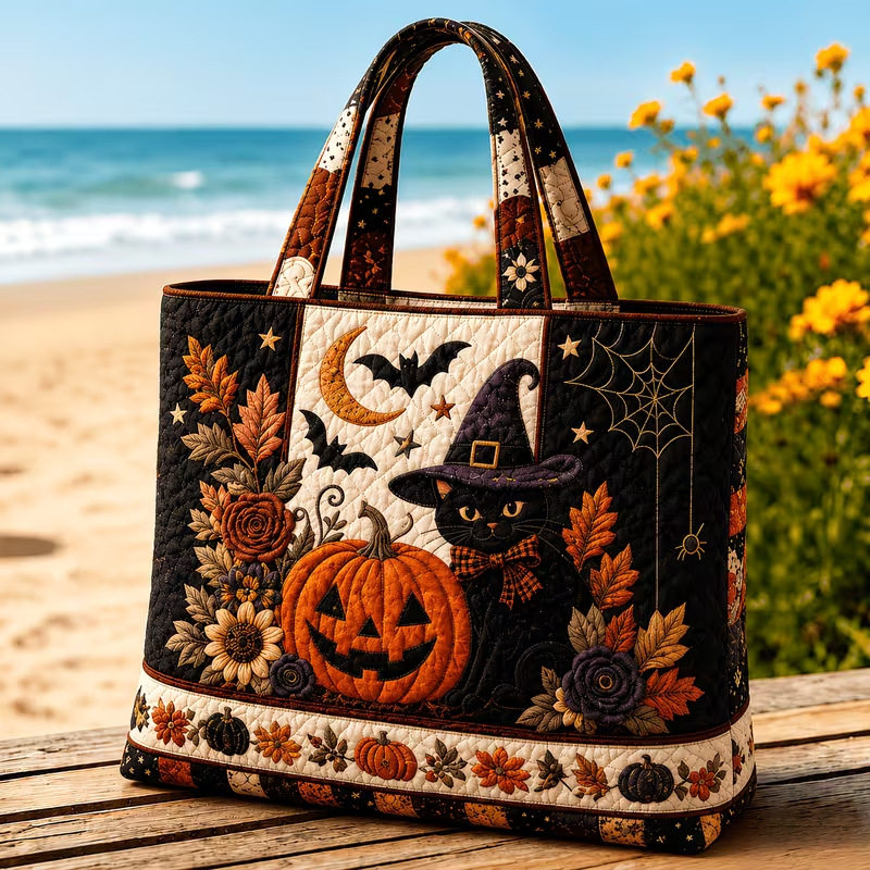 Hallow-Queen Quilted Tote Bag with Black Witch Cat & Pumpkins