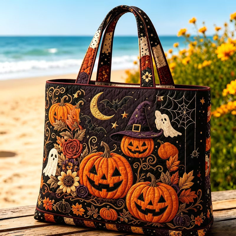 Hallow-Queen Quilted Tote Bag with Black Witch Cat & Pumpkins