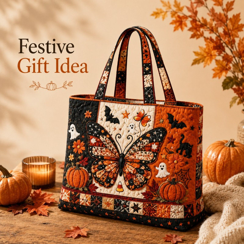 Hallow-Queen Quilted Tote Bag with Black Witch Cat & Pumpkins