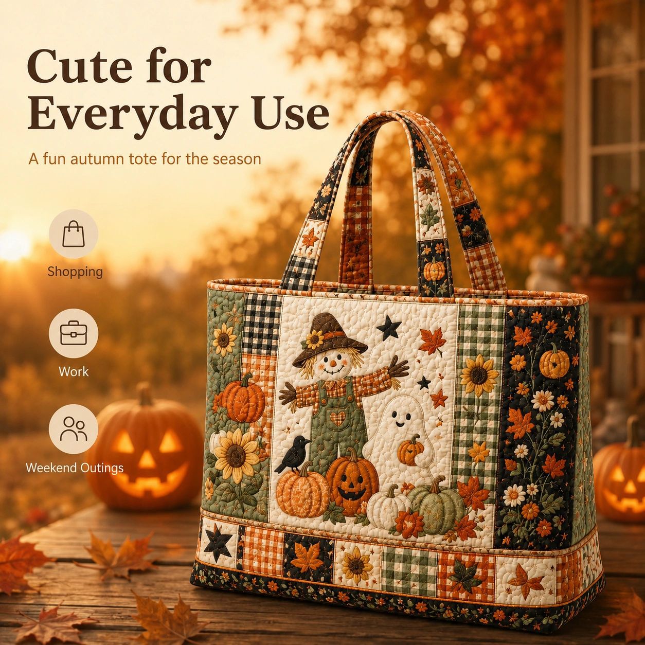 Hallow-Queen Quilted Tote Bag with Black Witch Cat & Pumpkins