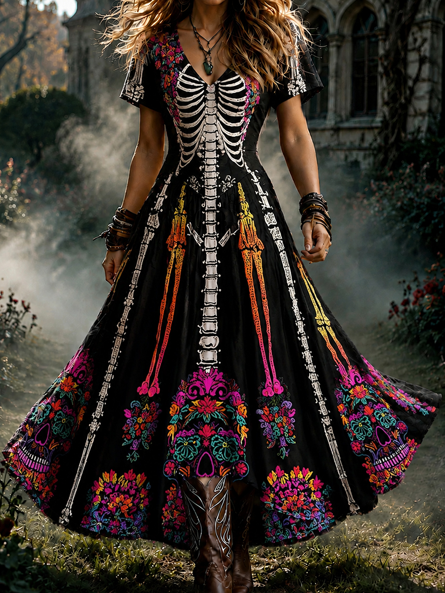 Women's Halloween Sugar Skull Floral Print Casual Party Long Dress