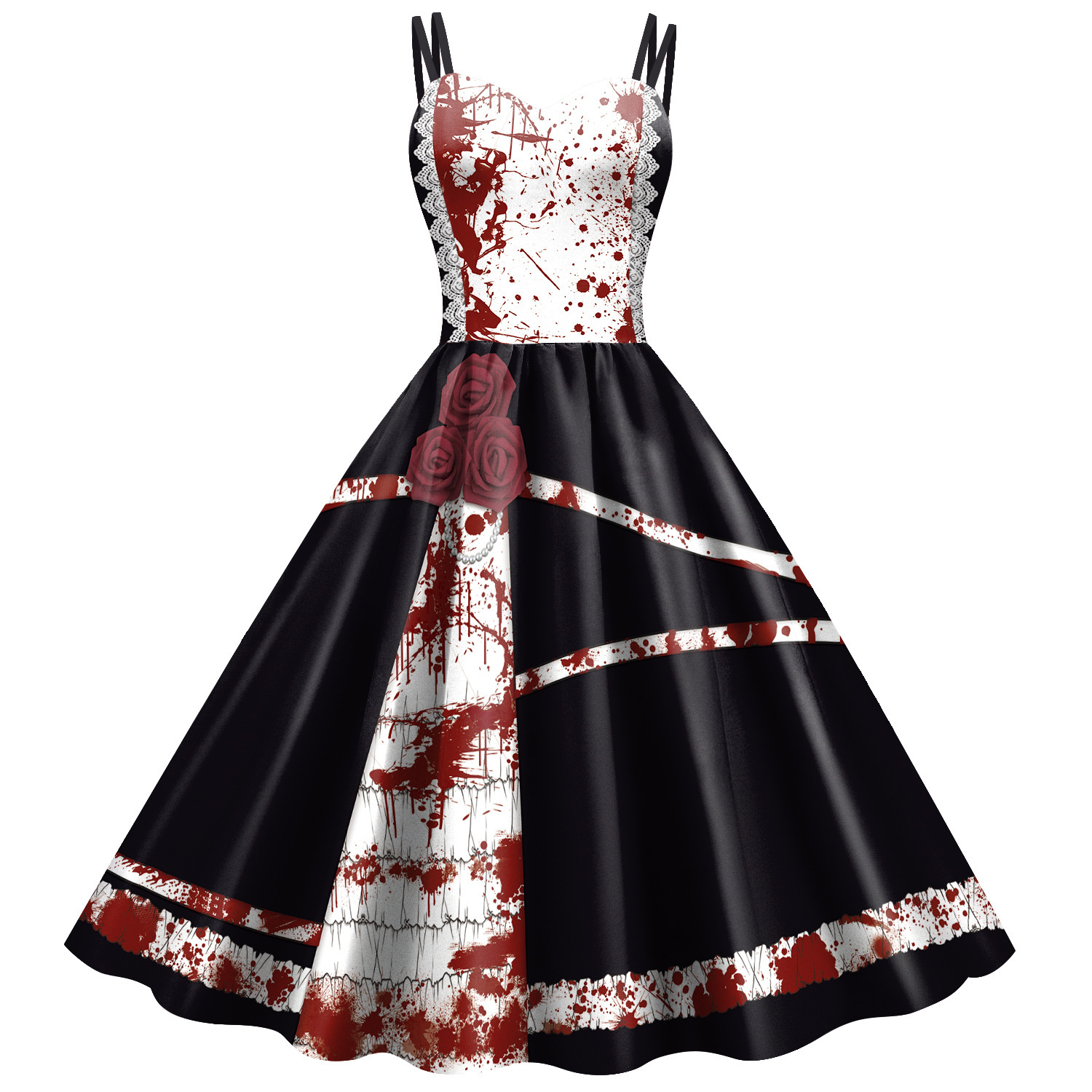Gothic Horror Blood Splatter Swing Dress with Rose Accents