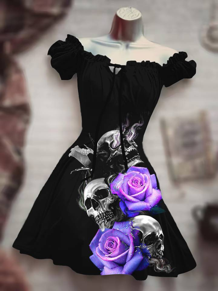 Gothic Skull and Purple Rose Print Off-Shoulder Dress