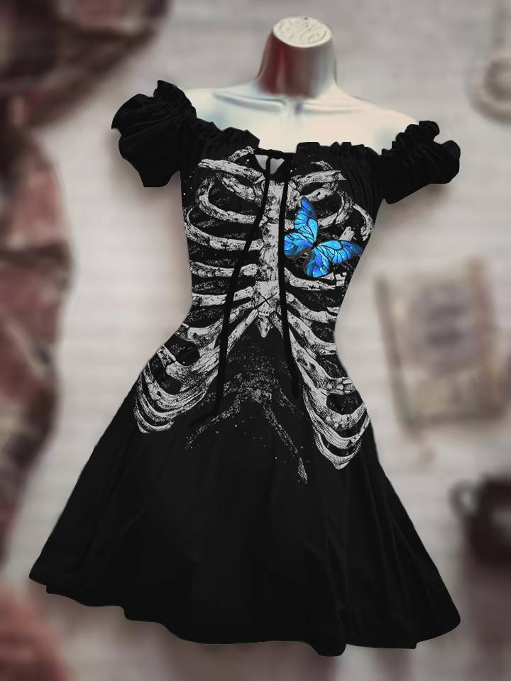 Gothic Skull and Purple Rose Print Off-Shoulder Dress
