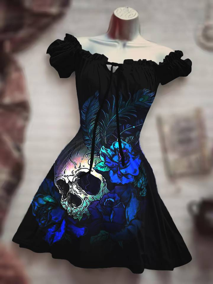 Gothic Skull and Purple Rose Print Off-Shoulder Dress