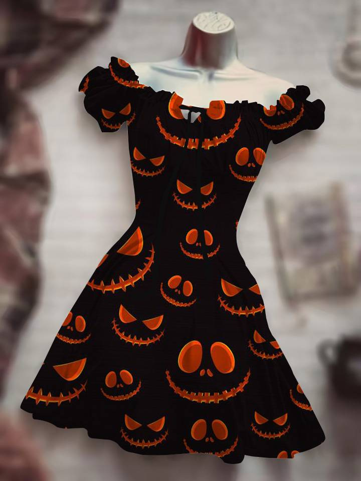 Gothic Skull and Purple Rose Print Off-Shoulder Dress