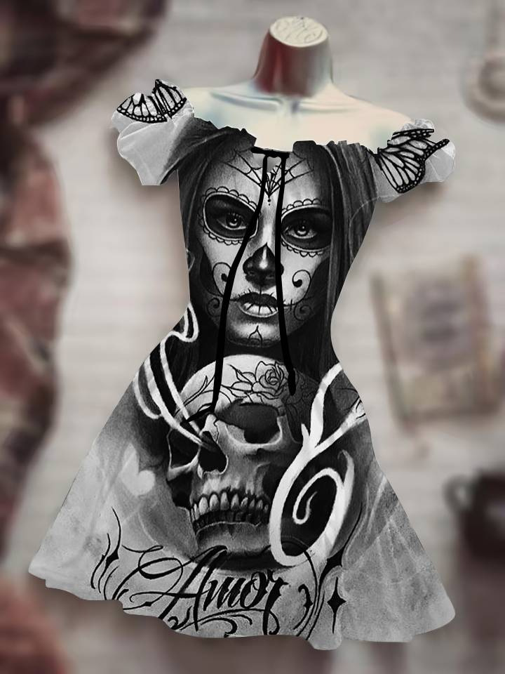 Gothic Skull and Purple Rose Print Off-Shoulder Dress