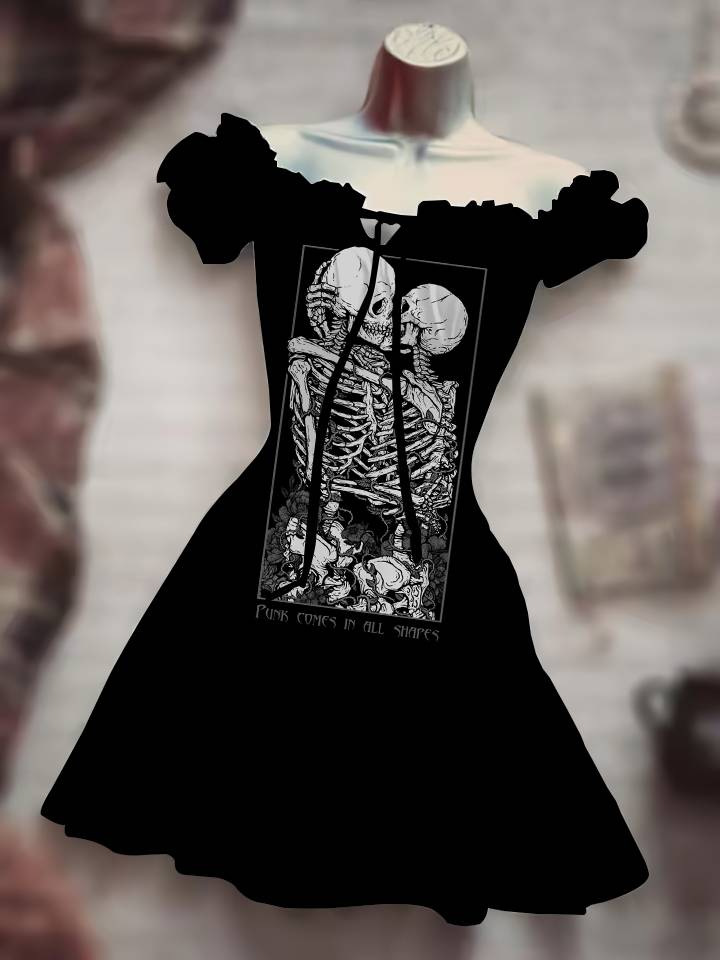Gothic Skull and Purple Rose Print Off-Shoulder Dress