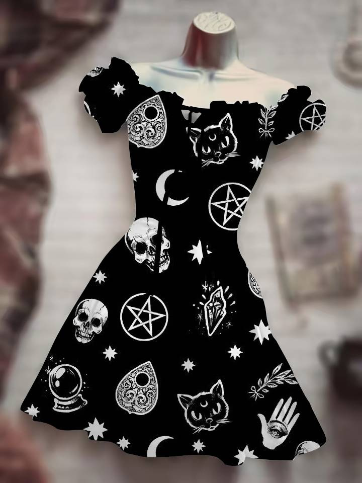 Gothic Skull and Purple Rose Print Off-Shoulder Dress