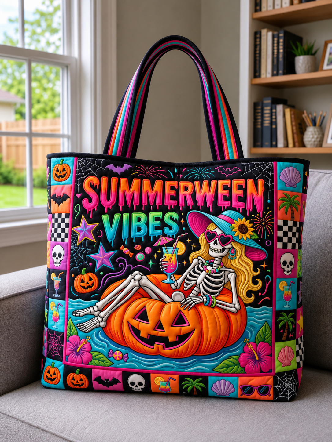 Hallow-Queen Quilted Tote Bag with Black Witch Cat & Pumpkins