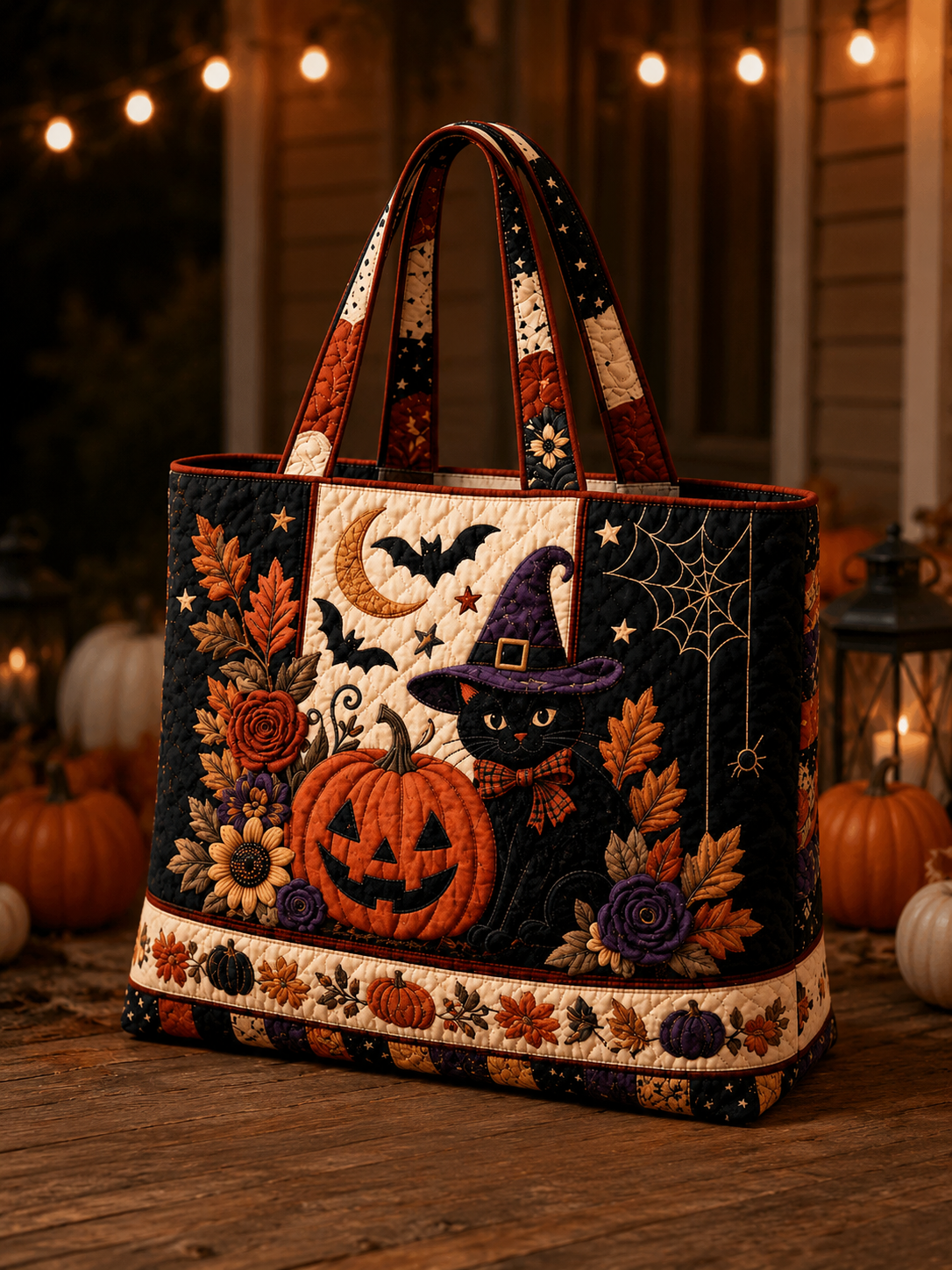 Hallow-Queen Quilted Tote Bag with Black Witch Cat & Pumpkins