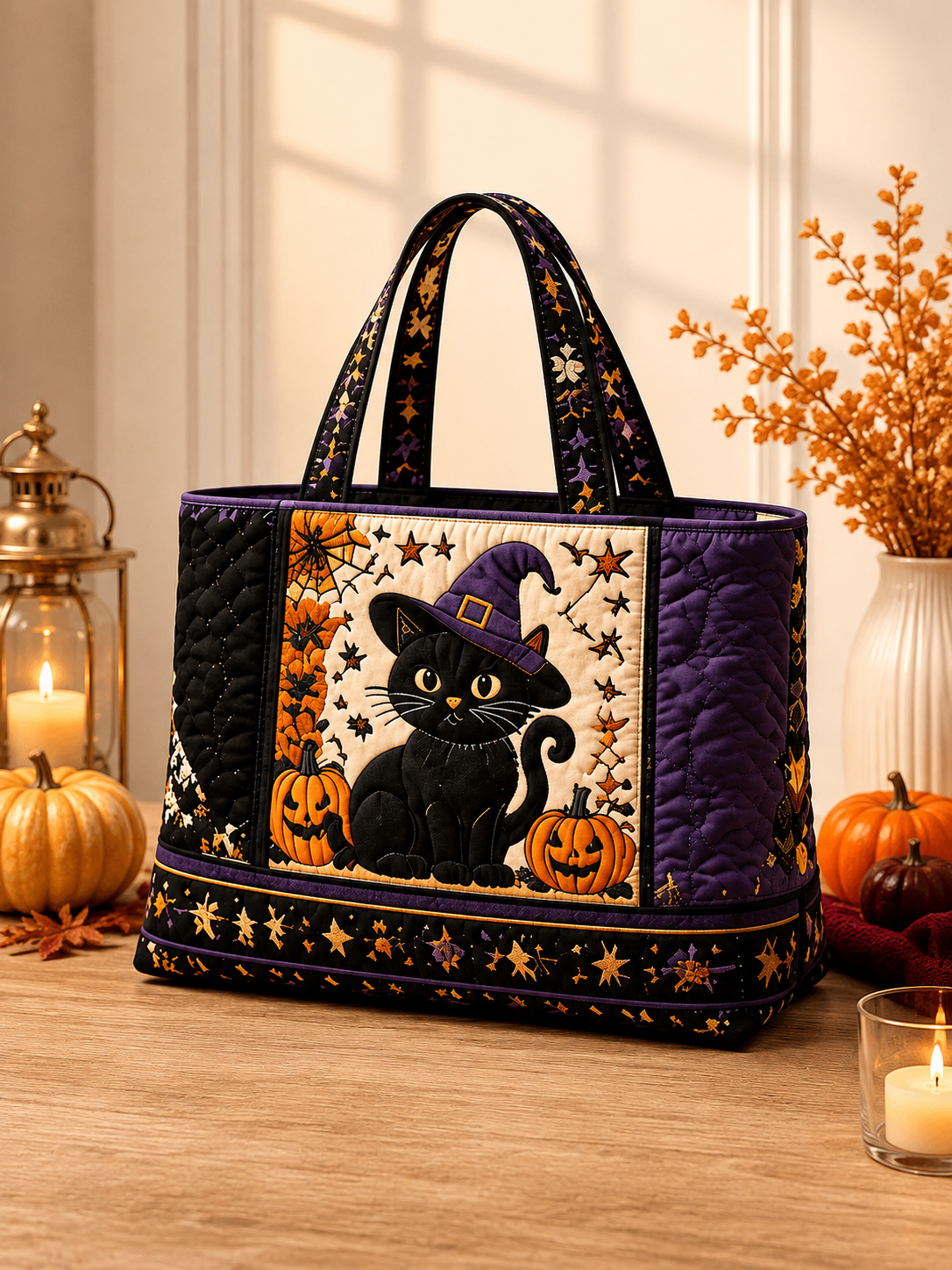 Hallow-Queen Quilted Tote Bag with Black Witch Cat & Pumpkins